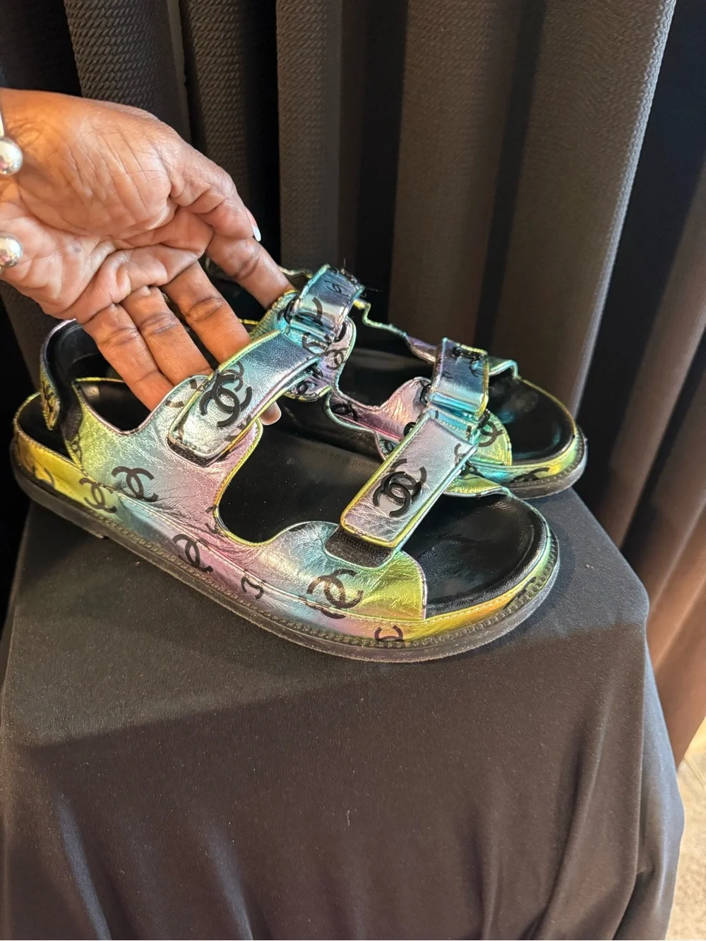 CHANEL Iridescent Logo Double-Strap Sandals - Multicolor Shine